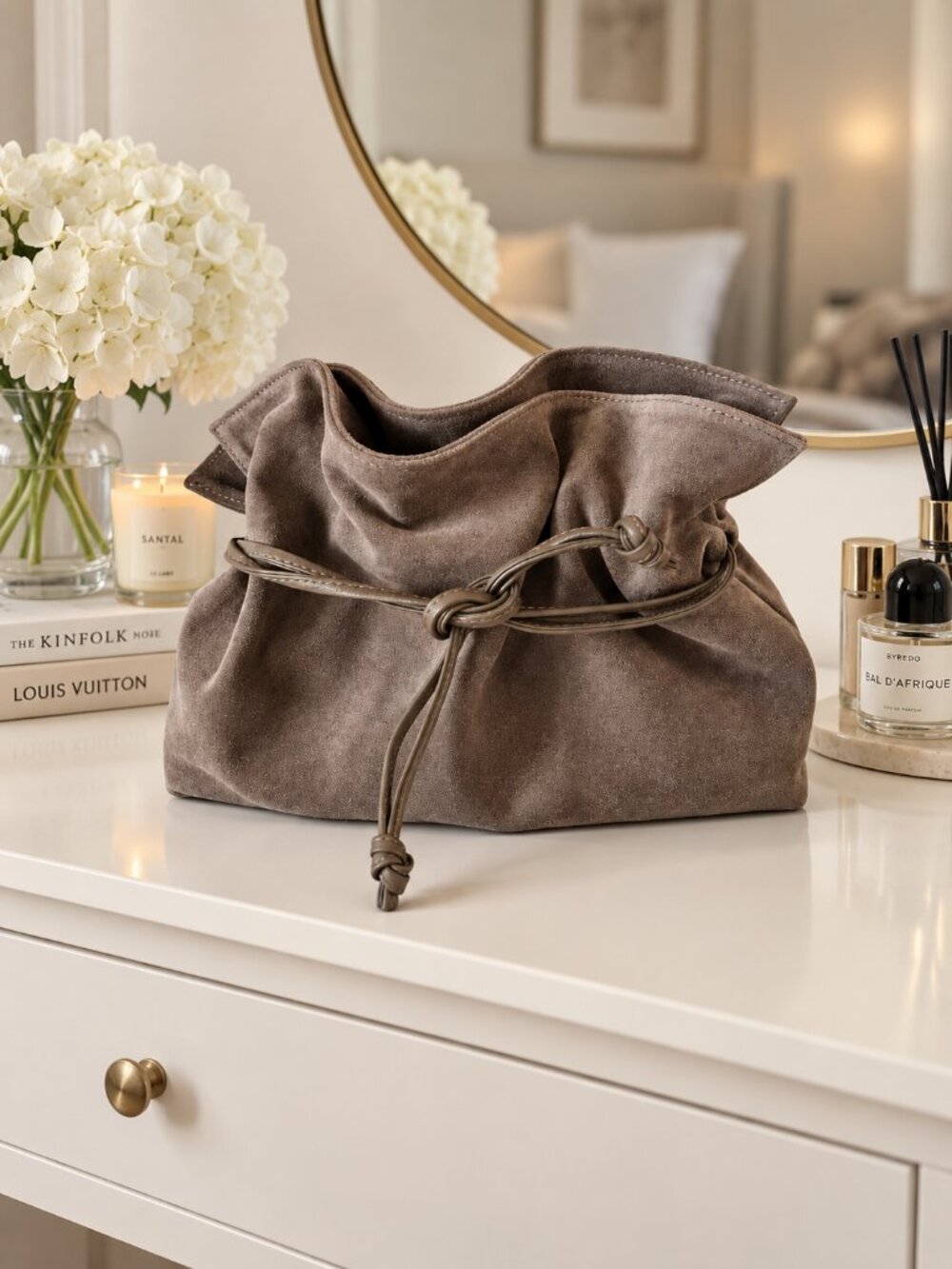 Taupe Suede Drawstring Crossbody Bag, Italian Leather Shoulder Bag
